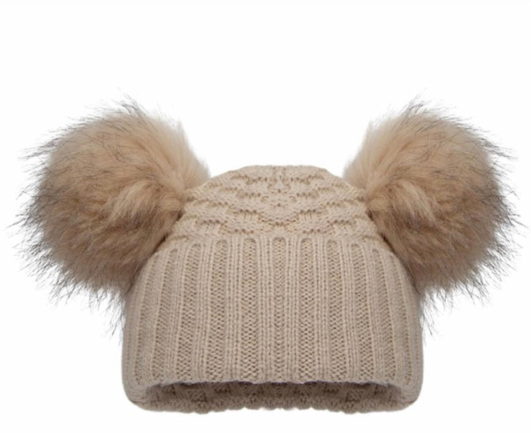 Beige Double Pom Hat