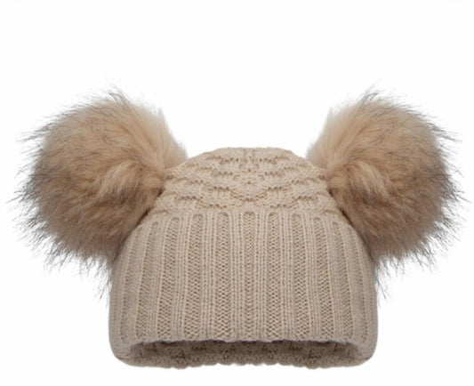 Beige Double Pom Hat