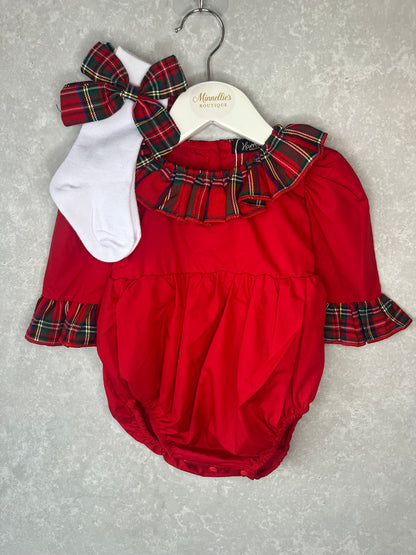 Red Bow Tartan Romper With Matching Knee High Socks